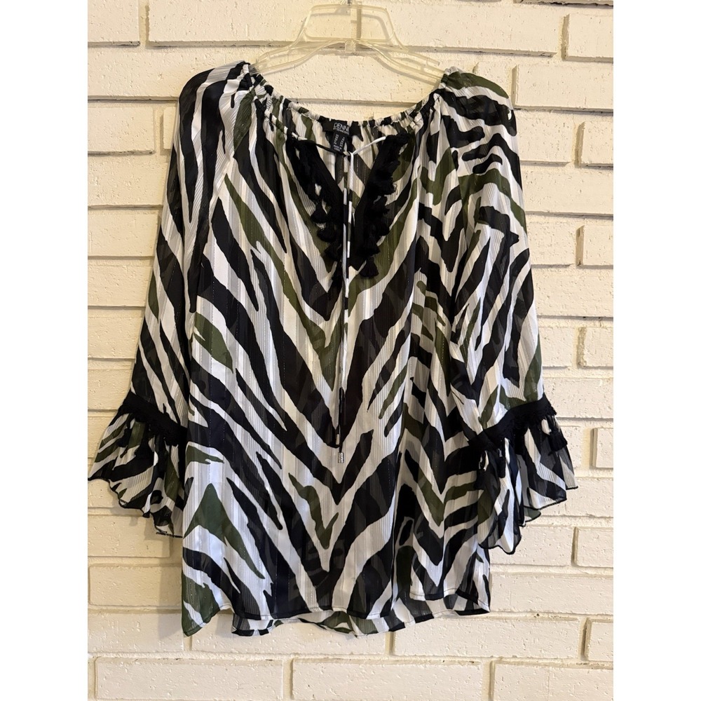 Dennis Basso Printed Woven Sheer Peasant Blouse Black White Zebra Print Sz 6
